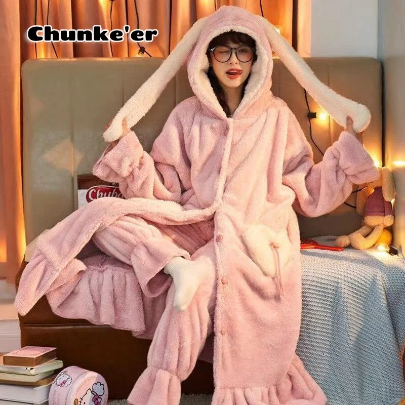 Suit Pajamas Women's Autumn And Winter Thickened Flannel Trousers Robe Lovely Cartoon Korean Version Can Wear Warm Home Clothes