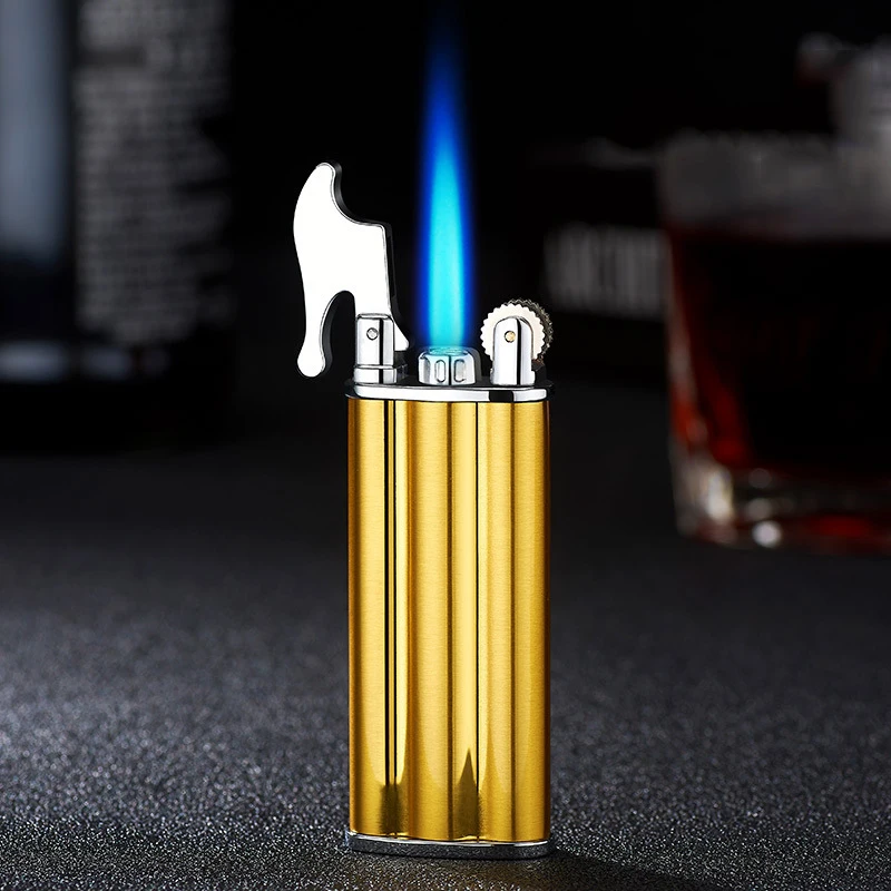 

New Personalized Creative Grinding Wheel Blue Flame Wind Proof Retro Straight Metal Gas Inflatable Lighter For Men And Women