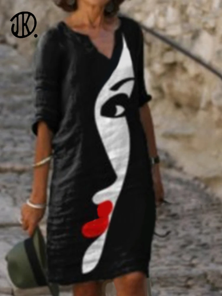 

2021 Vintage Portrait Print Dress V Neck Abstract Face High Waist Femme Dresses Elegant Loose Lady Dress Short Sleeves Vestidos