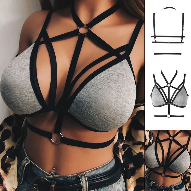 Summer Women's Underwear Bra Sexy Elastic Straps Hanging Neck Lingerie solid gray | Женская одежда
