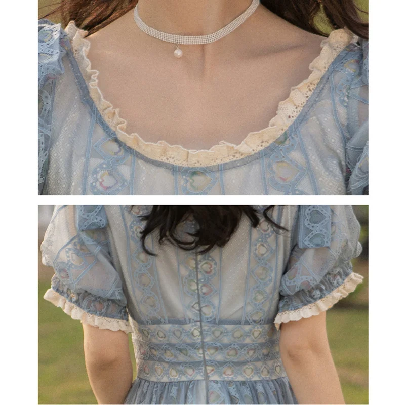 

Qiukichonson Vintage Palace Style Puff Sleeve Off Shoulder Dress Women Summer Fairy Heart Pattern Ruffle Long Lace Dresses robe