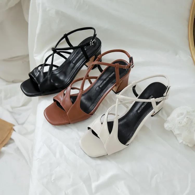 

MLJUESE 2020 women sandals Cow leather Rome style brown color open toe high heels beaches sandals party dress size 40