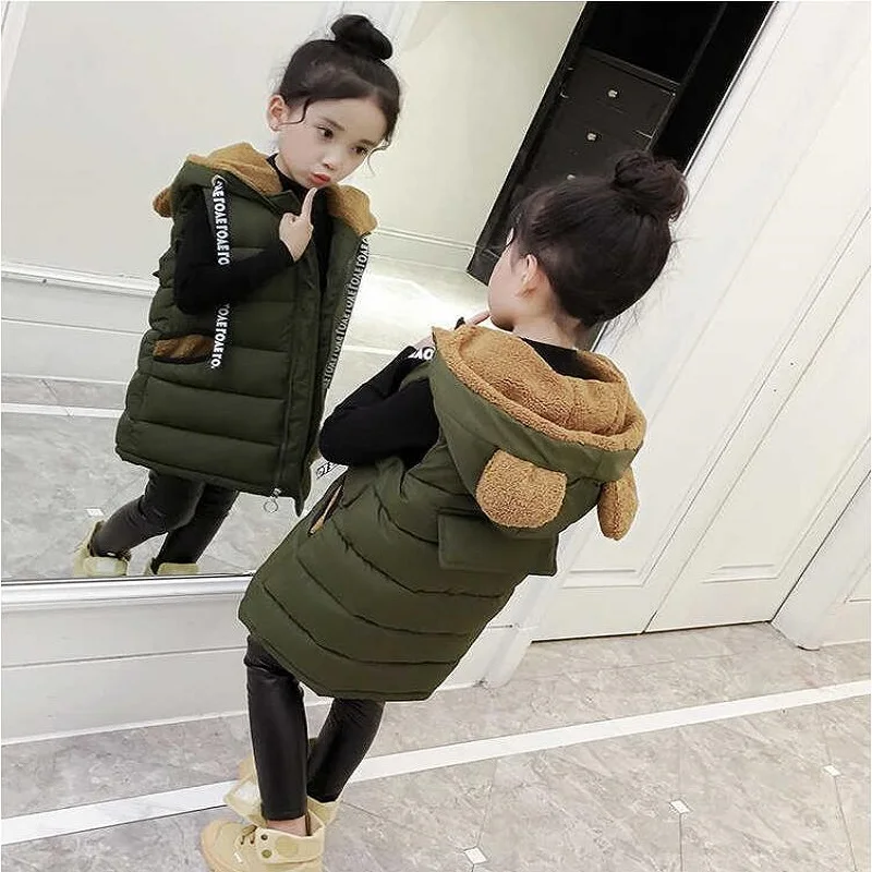 

Winter Autumn 3-8Y Baby Boys Waistcoat For Children Vests Kids Clothes Thicken Warm Hooded Cotton Cartoon Bear Vest For Girls