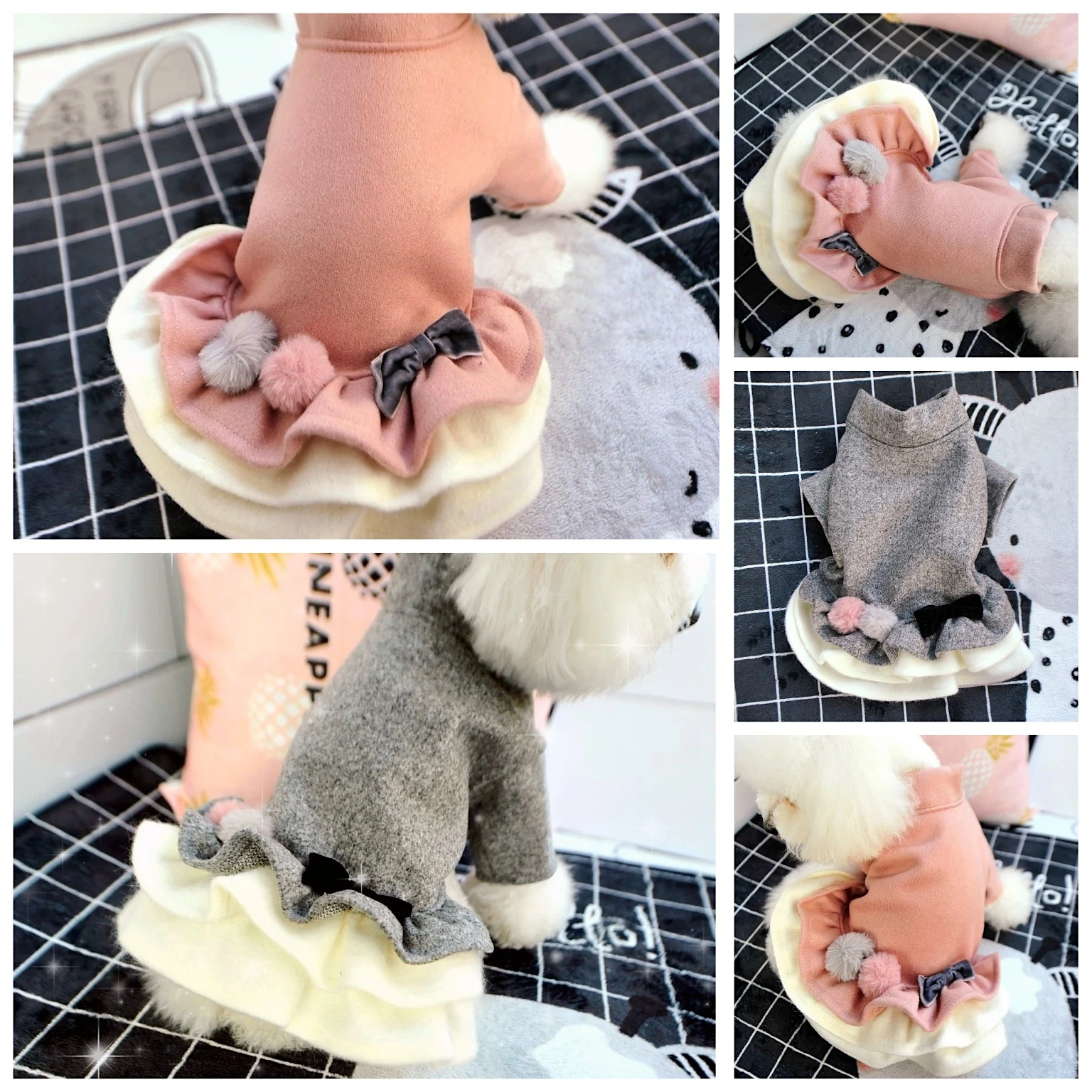 С меховыми помпонами для девочек Луки зимнее пальто маленьких собак серого и