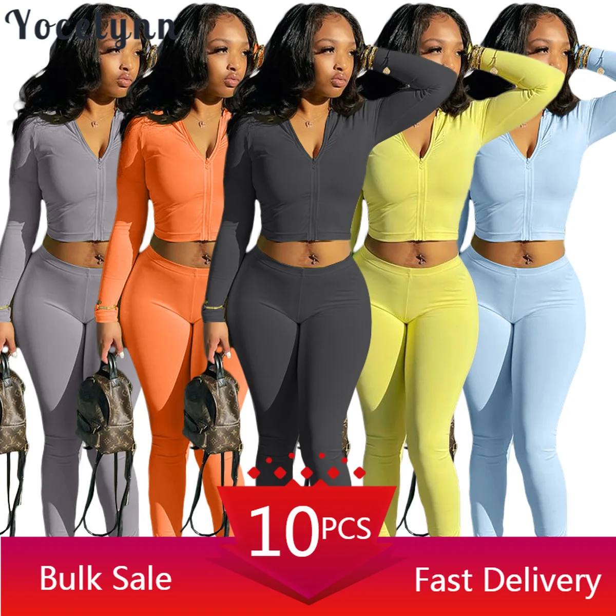 

Wholesale Items for Business Casual Womens Two Peice Sets Long Sleeve Zipper Crop Tops and Legging Pants Sweatsuits for Women