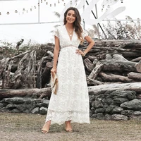 summer elegant lace hook flower hollow out white long dress womens fashion temperament office solid color v neck formal dress
