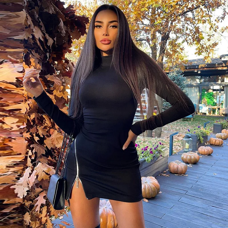 

Zipper Split Mini Dress For Women 2022 Fashion Sexy Long Sleeve Bodycon Dress Female Spring Casual Black Skinny Clothes