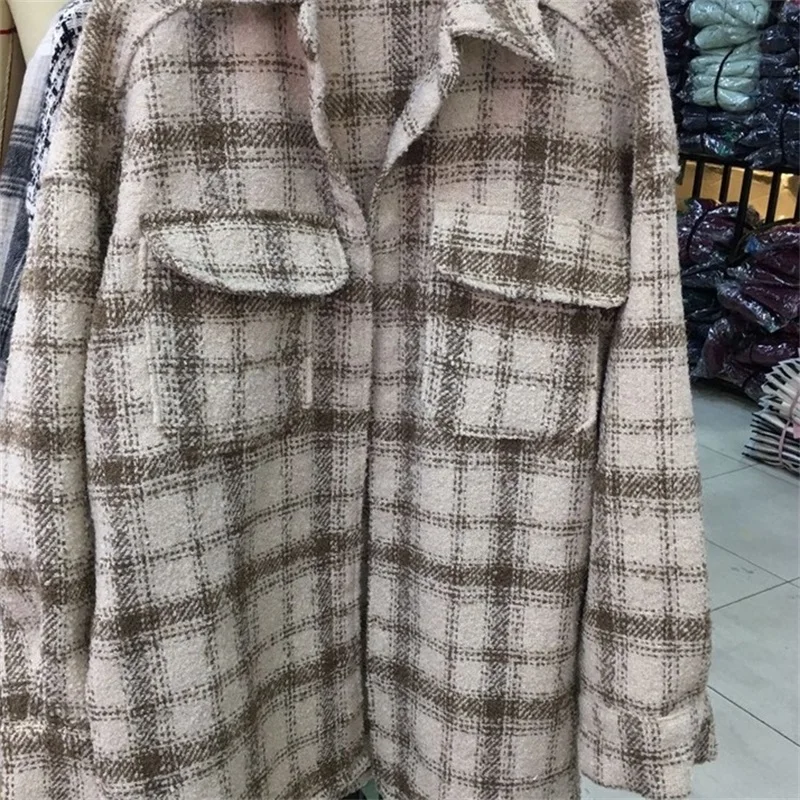 

TRAF Women's 2020 Fashion Chocolate Color Pocket Loose Tweed Jacket Coat Women's Top Made Old Style