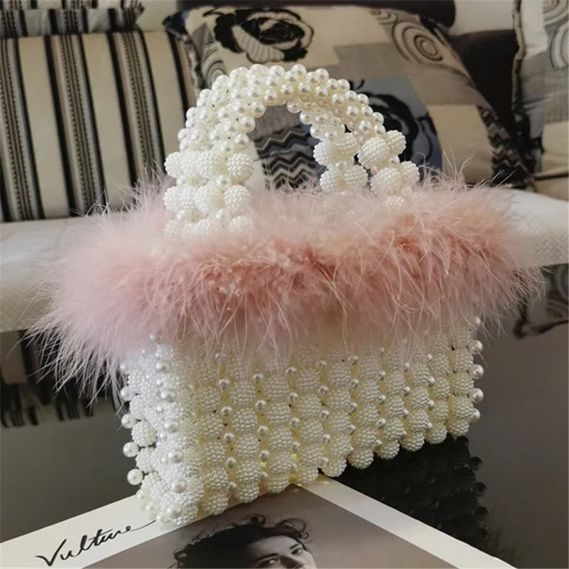 

Fur Decor Handbags for Women 2021 New Elegant Hand Woven Beaded Ladies Hand Bag Female Top Handle Evening Bolso Mujer