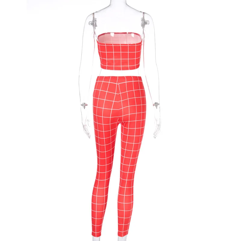 Plus Size Sexy Strapless Off Shoulder Matching Sets Women Plaid Fitness Workout Two Piece Outfits Bodycon Crop Top and Pants Set | Женская