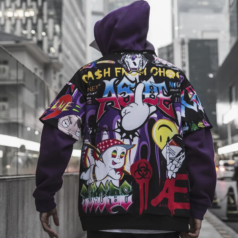 

Men Fake 2 Pieces Hoodies For Men Stitching printing Harajuku High Street Style Oversize Hip Hop Fleece Couple Sweatshirt