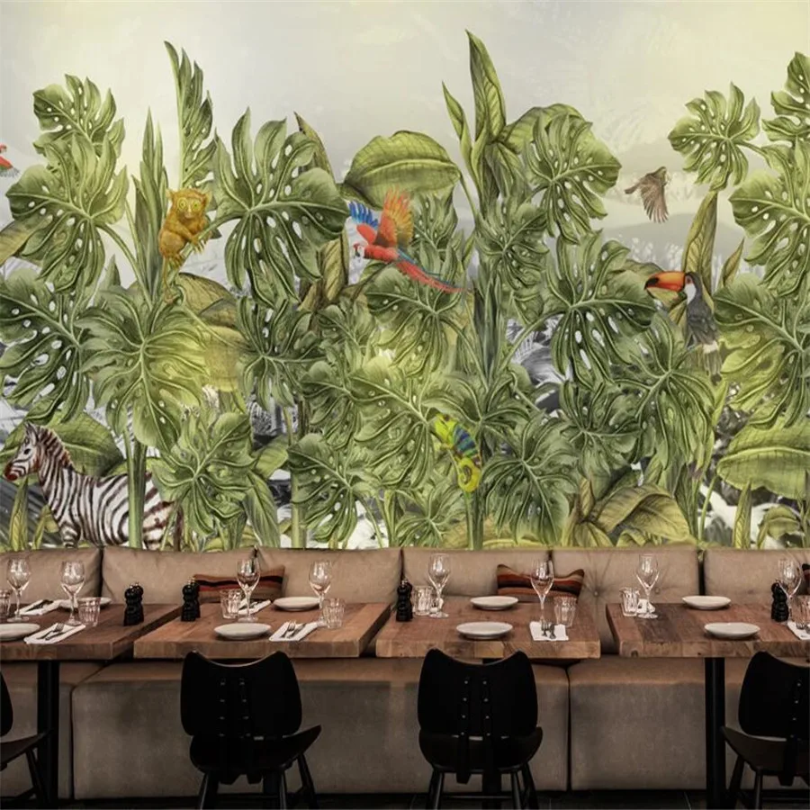 Настенные роскошные декорации с большими тропическими растениями, цветами и птицами в лесу животных, созданные на заказ в 3D.