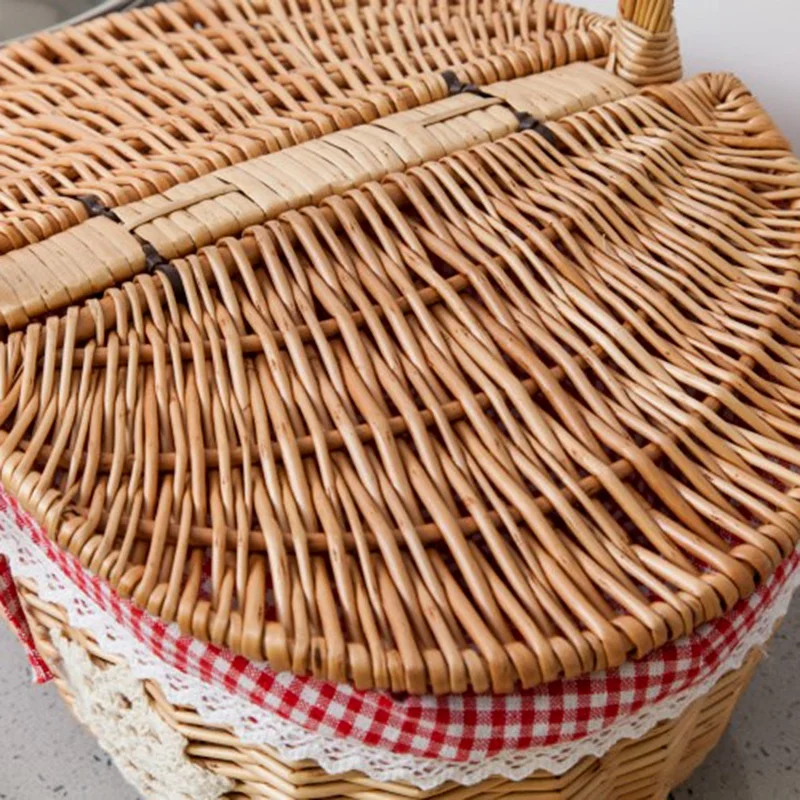 

Hand Made Wicker Basket Wicker Camping Picnic Basket Shopping Storage Hamper and Handle Wooden Color Wicker Picnic Basket