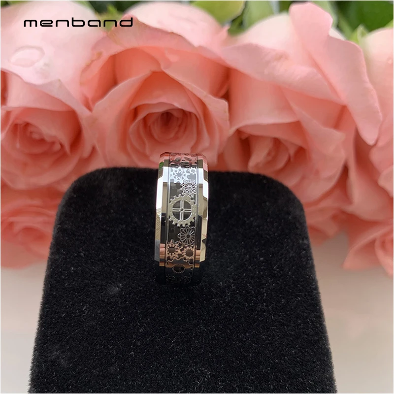 Перстень из вольфрама для мужчин и женщин с механическим шестеренчатым колесом, вставкой из черного углеродного волокна и фасками на краях 8 мм, комфортная посадка.