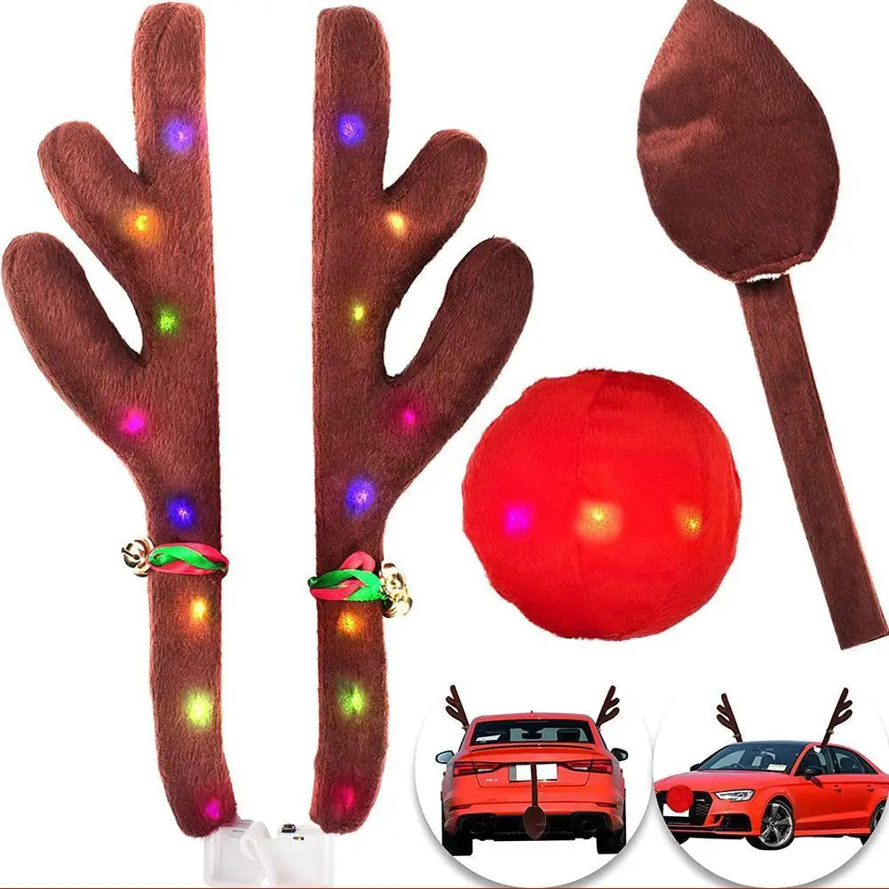 Reindeer Decoration Car Vehicle Nose Horn Costume Set Rudolph Christmas Reindeer Antlers Red Nose Ornaments Elk Antlers