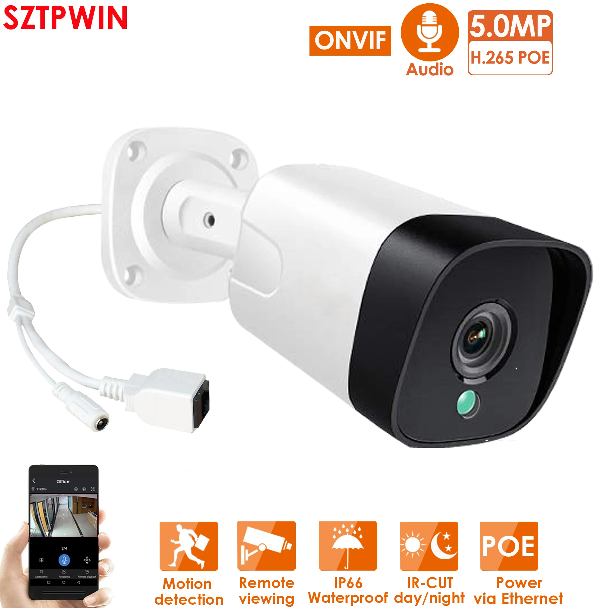 5.0MP POE IP Камера ONVIF H.265 аудио записи видеонаблюдения 5mp Водонепроницаемый IP66