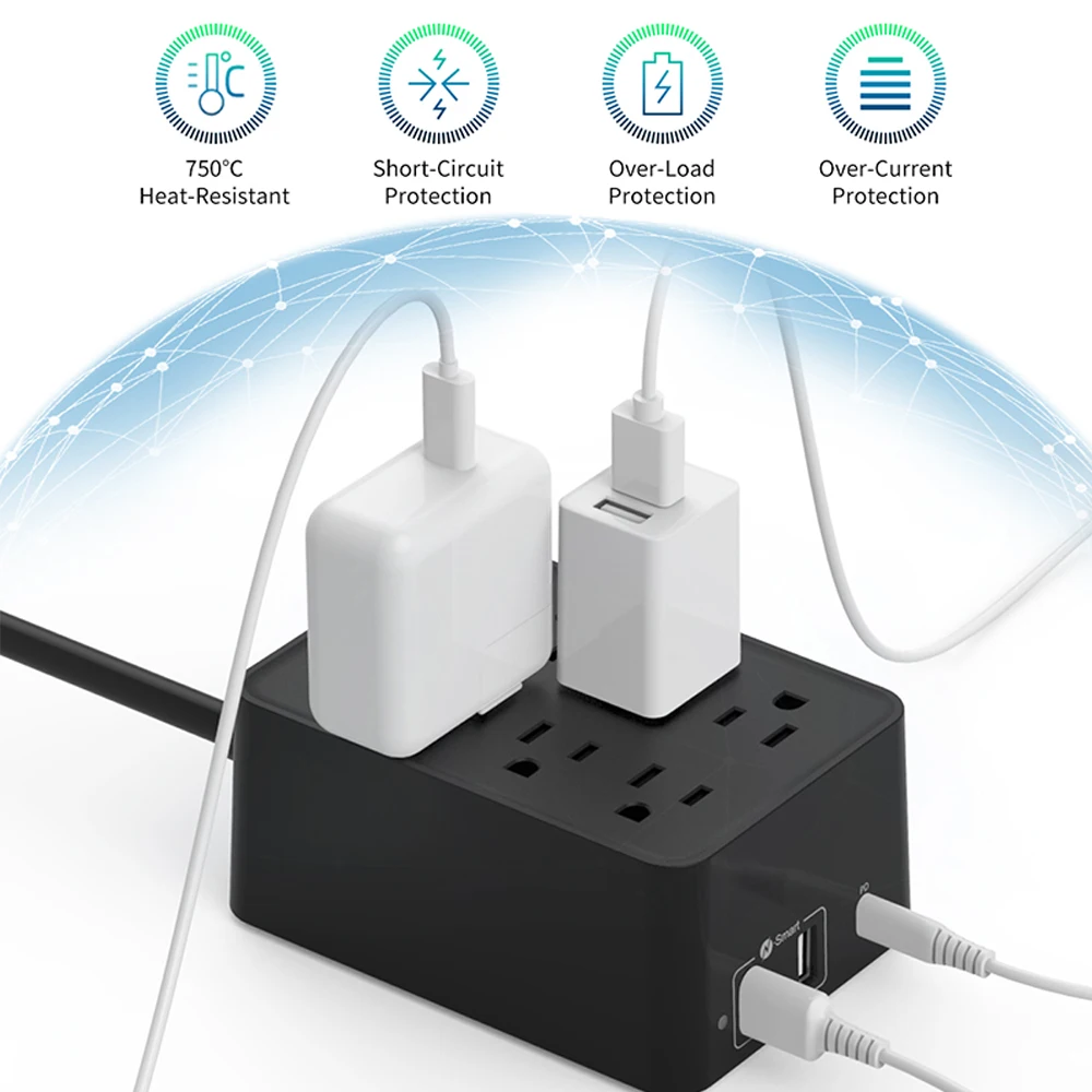 NTON POWER US Power Strip 66 Вт (PD Charger 45 + USB 21 Вт) Настольная зарядная станция с 6 футами длинный