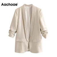 aachoae women office wear blazer coat 2021 notched collar casual pockets suit blazers solid pleated sleeve chic outwear tops