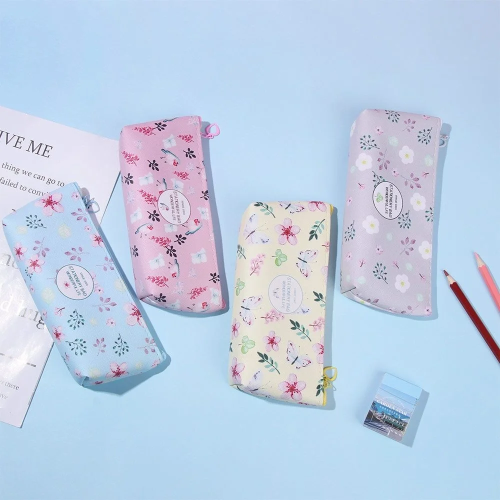 

Маленький пенал в цветочном стиле, держатель для карандашей на молнии, чехол для ручки из искусственной кожи, миниатюрная портативная короб...