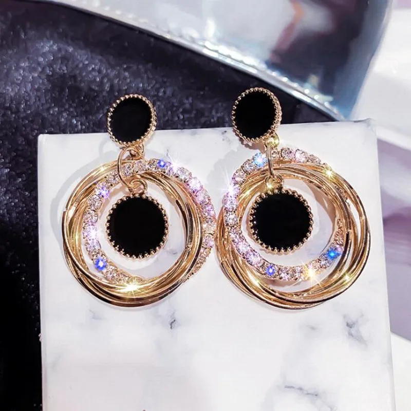 FYUAN Fashion Gold Color Multilayer Circles Geometric Drop Earrings Black Round Rhombus Star Crystal Earrings lady Party Jewelry
