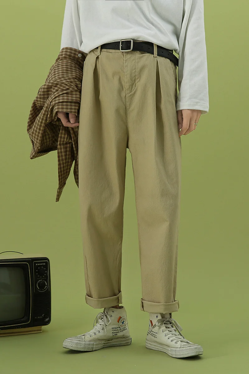 

2020 Spring And Autumn New Korean Trend Solid Color Overalls Fashion Casual Nine Points Straight Pants Green / Khaki M-3XL
