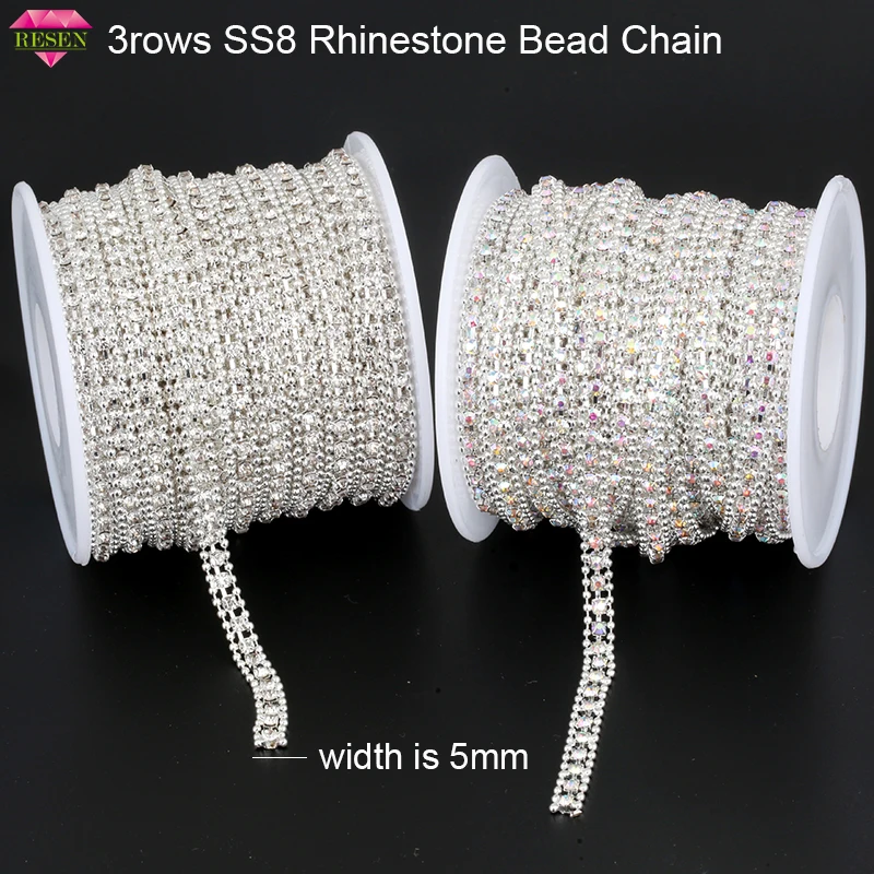 Цепочка для украшения RESEN SS8 1 ярд 3 ряда серебряная прозрачная с кристаллами AB