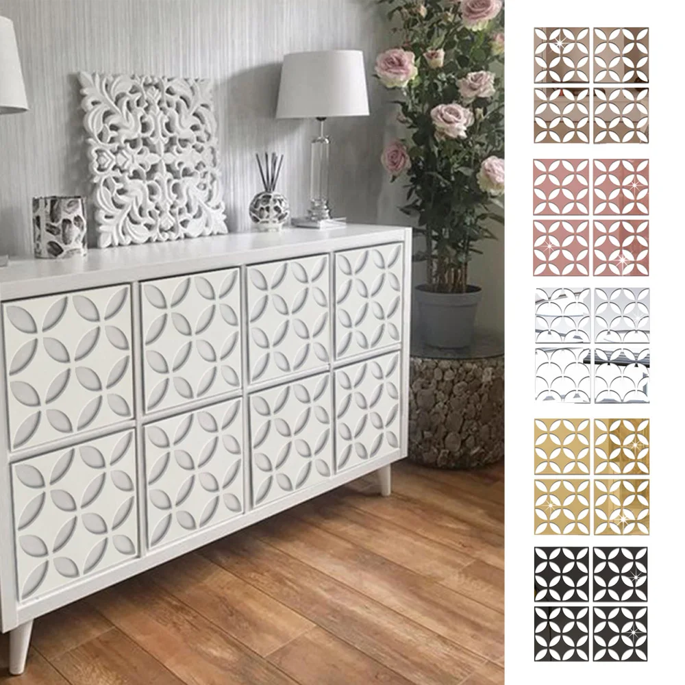 

4Pcs 20x20cm 3D Mirror Sticker Self Adhesive Wallpaper Stripe PS Board Bedroom Drawer Decal For DIY Modern Wall Mural Decoration