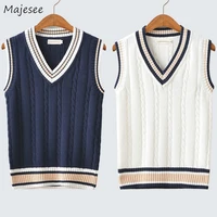 sweater vest men thicken v neck sleeveless knitted sweaters vests striped retro preppy style simple chic loose casual all match