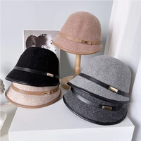fashion fedora hats for women autumn winter hat pu edging belt decoration bucket hat wool dome cap female windproof new 2021