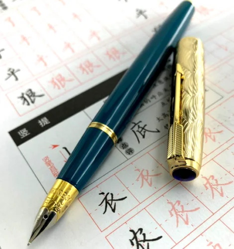 

Wing Sung 601A Vacumatic Fountain Pen Solid Dark Blue Ink Pen Wave Golden Cap F Nib Stationery Office school supplies Writing