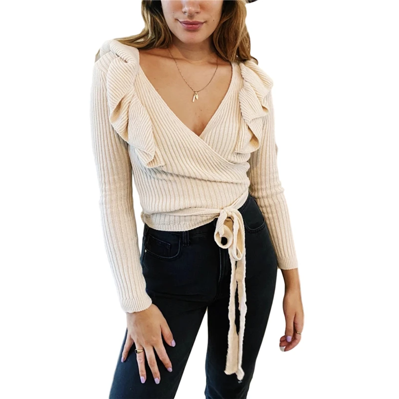 

Fashion Hot Sale Women’s V Neck Wool Top, Long Lace Sleeve Drawstring Solid Color Crop Top, Slim Fit Clothes Autumn clothes