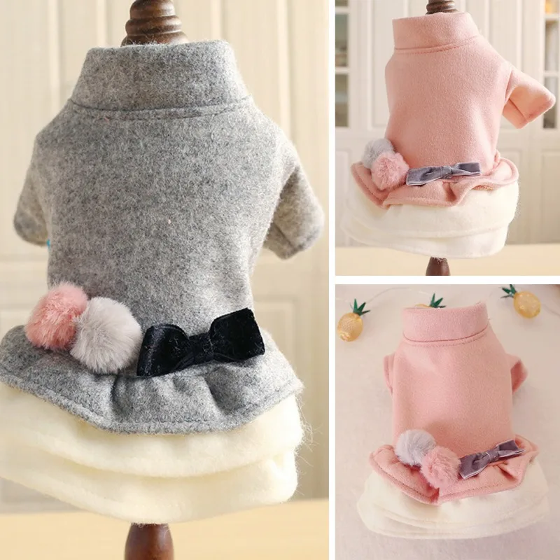 Женская одежда с кнопкой для собак, зимняя уплотненная юбка принцессы, двухцветные пушистые шары и платье с бантом