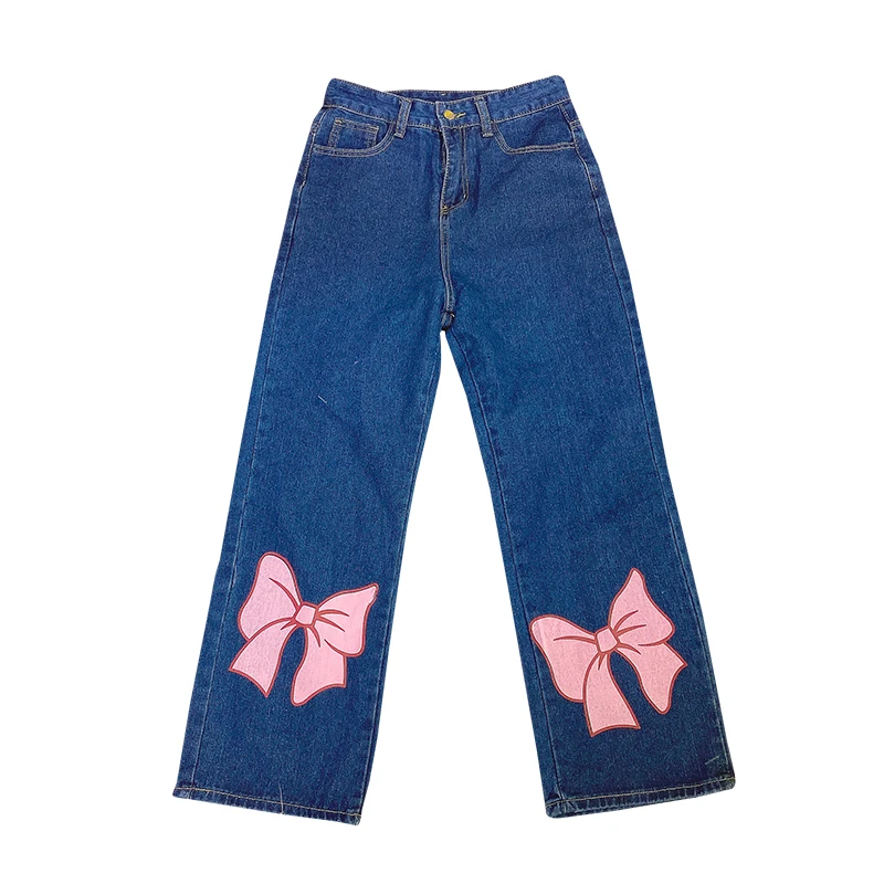 

New Harajuku Kawaii Women Jeans Sweet Straight Tube Lovely Bow Knot Jeans Pants Female Vintage Casual Blue Trousers Mujer