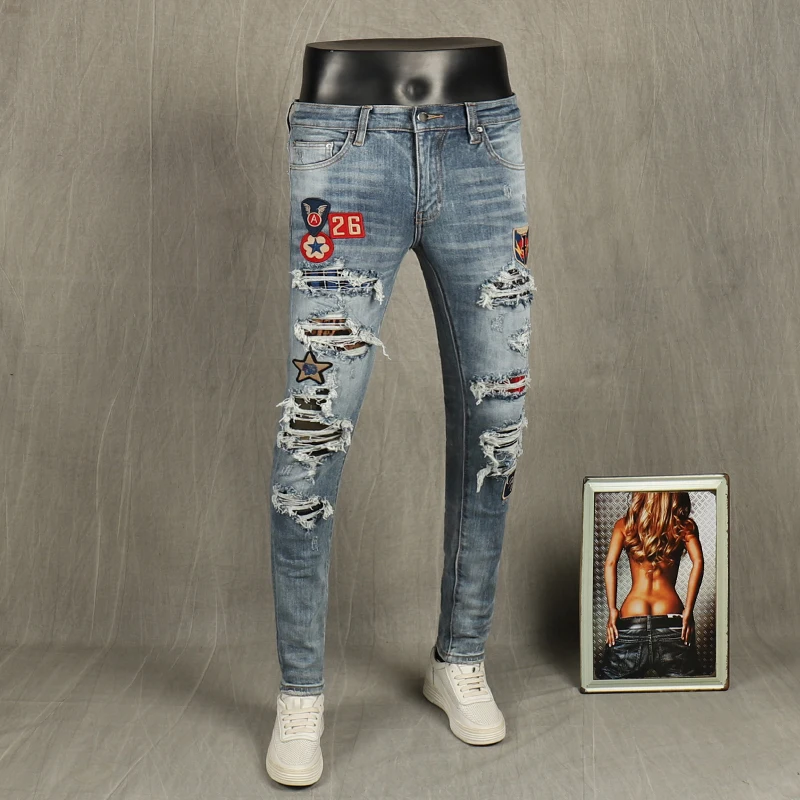 

Fashion Streetwear Men Jeans High Quality Elastic Slim Fit Ripped Punk Trousers Retro Blue Patches Designer Hip Hop Long Pants