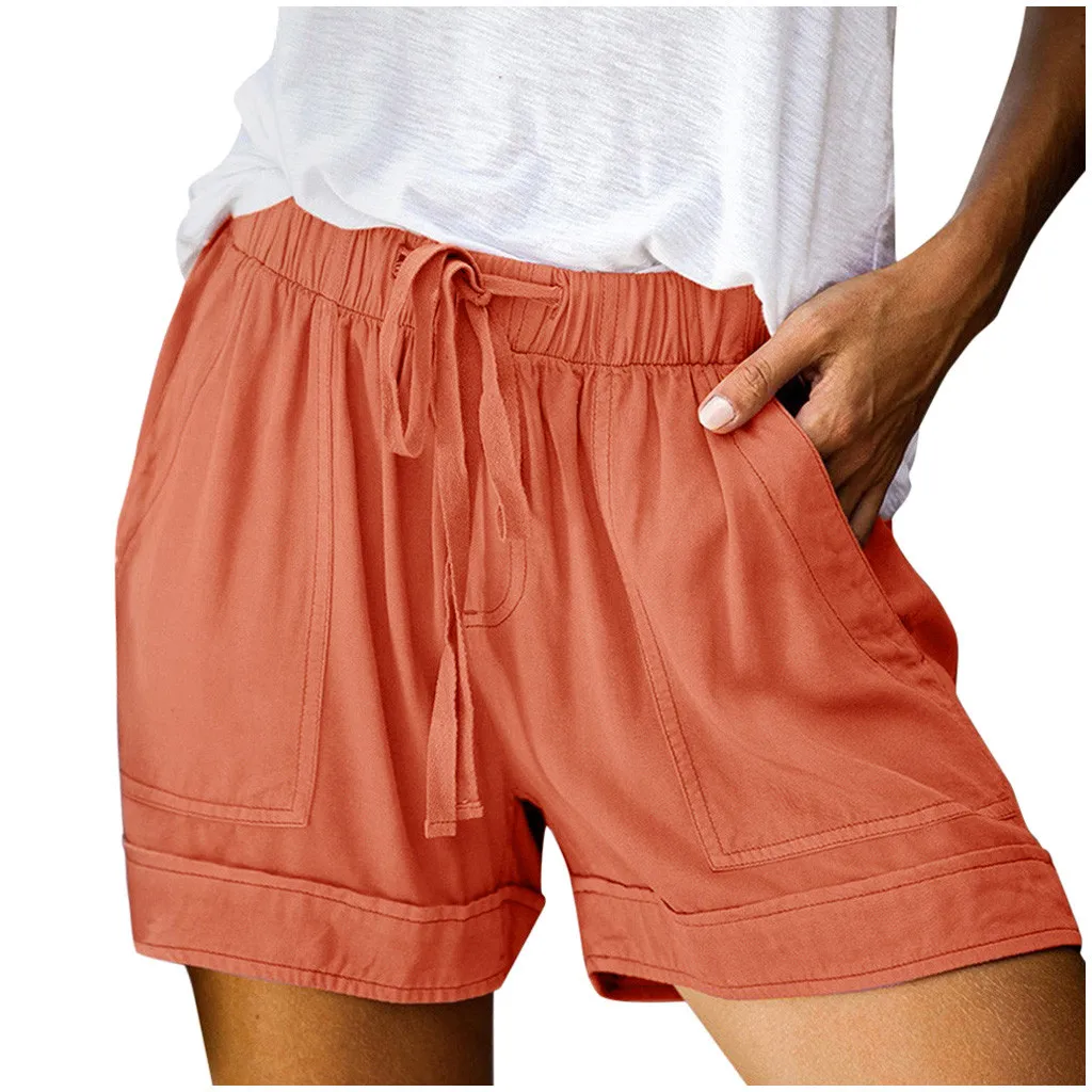 

Women's Clothing Shorts Comfy Drawstring Splice Casual Elastic Waist Pocketed Loose Short Feminino