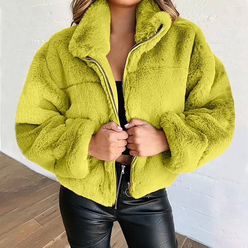 

2021 Amazon hot style European and American women's autumn and winter rabbit fur imitation fur zipper cardigan plush warm jacket