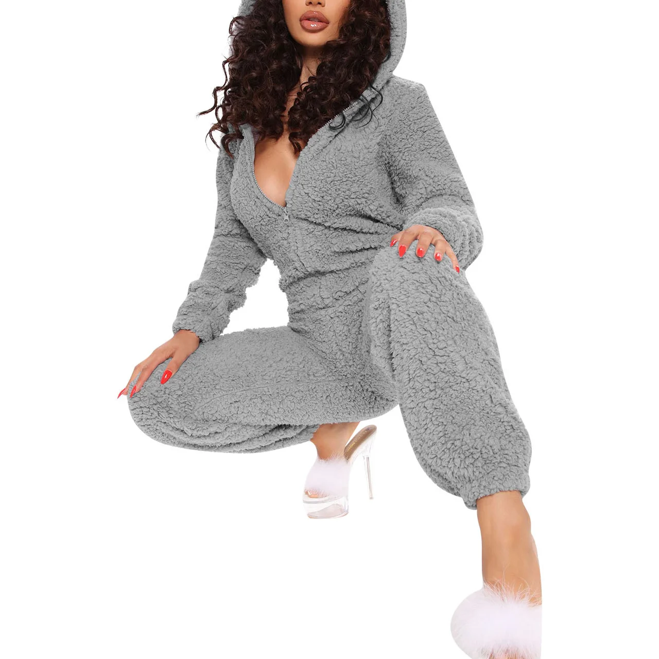 Autumn And Winter One-Piece Pajamas Solid Color Plush Hooded Long-Sleeved Warm Home Jumpsuit With Ears Plus Size For Woman