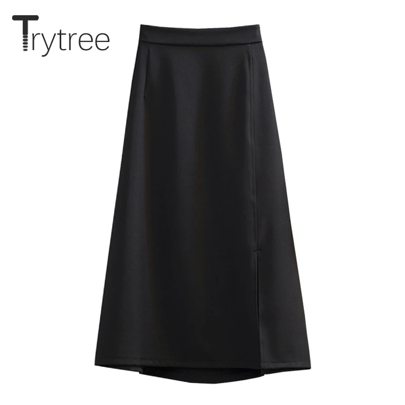 

Trytree 2021 Spring Summer Casual Woman Skirt Solid Elastic Waist Side Split Hem A-line Mid-Calf Office Lady Silky Skirts Women