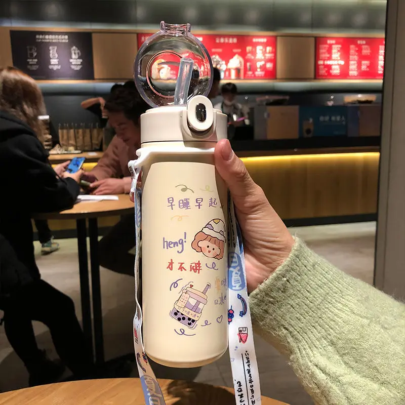 

With straw thermos cup Korean version simple ins children's large capacity water cup lovely 304 stainless steel cup