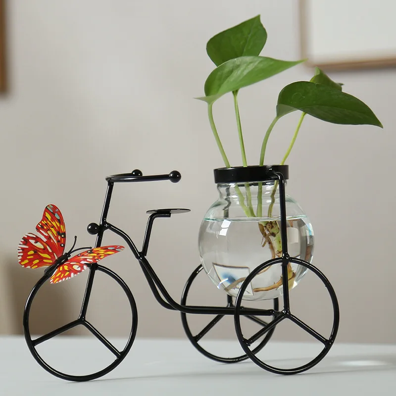 

Creative Tricycle Hydroponic Plants Glass Transparent Vase Flower Arranging Pot and Iron Ware Desktop Living Room Decoration