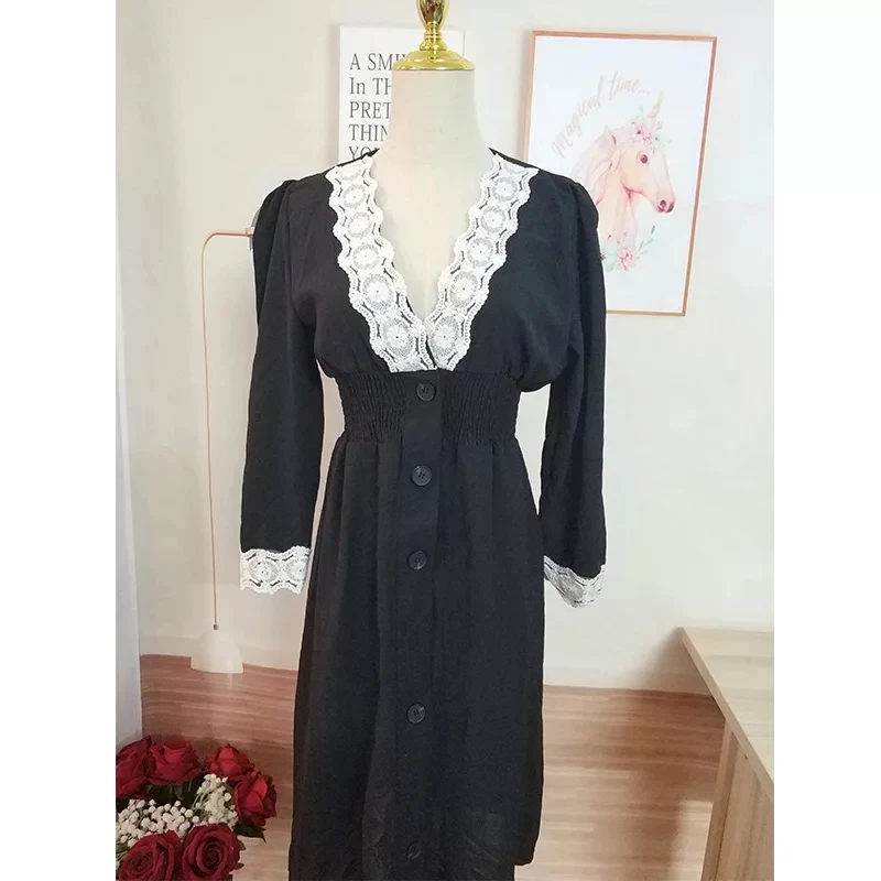 

Luck A Women 2020 Spring Elegant French Vintage Black Dress New V Neck Lace Single Breasted Dress Retro Sweet Split Vestidos