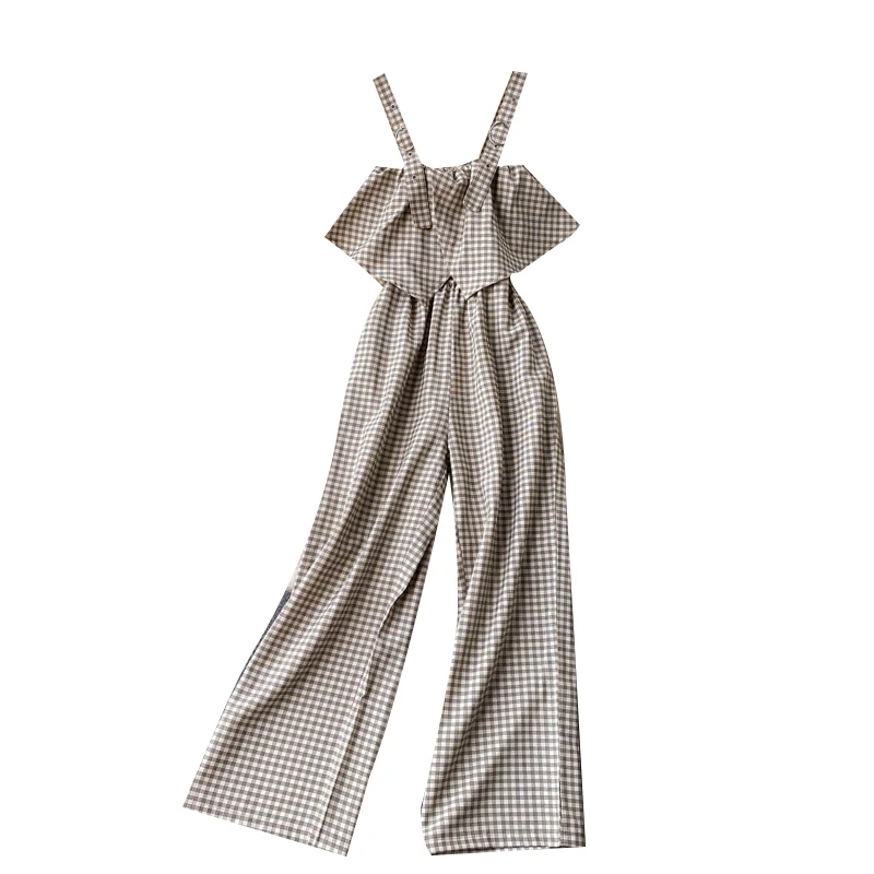 

2021 Temperament New Age Reduction Suspender Jumpsuit Women's Summer Sexy Tube Top Ruffled Slim Long Plaid Wide-leg Pants GL285