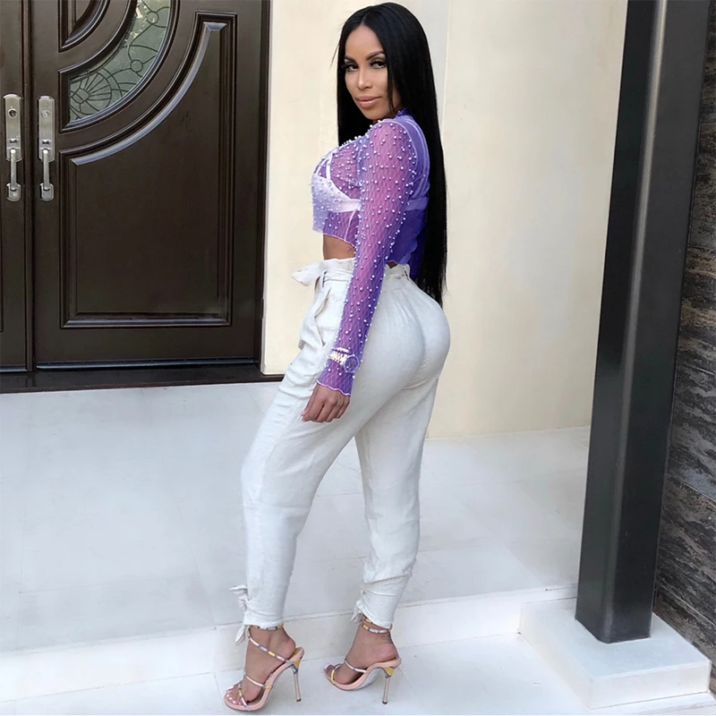 

ZKYZWX Sexy Round Neck Long Sleeves Mesh Beaded PerspectiveTops Autumn Women Trendy Y2k Festival Clothing Night Club Outfits