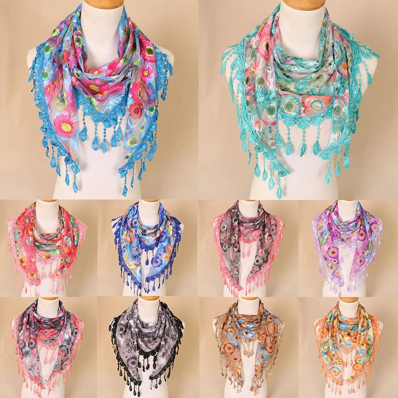 

Women Fashion floral Triangle Scarf Lady Shawls and Wraps Female Tassel Lace Shawls Scarves Women Photo Props Accessories