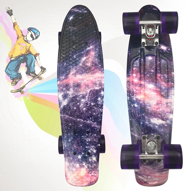 

Skateboard Mini Cruiser Board 22 inch X 6 inch Retro Longboard Skate Long Board Graphic Galaxy Purple