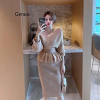 knitted two piece set women solid lurex office lady ropa mujer v neck short sweaters long skirts 2021 clothes