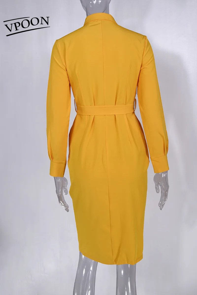 

Spring Autumn Long-Sleeved Elegant Solid Color Lapel Single-Breasted Lace-Up Belt Female Dresses Temperament Pure Color Women