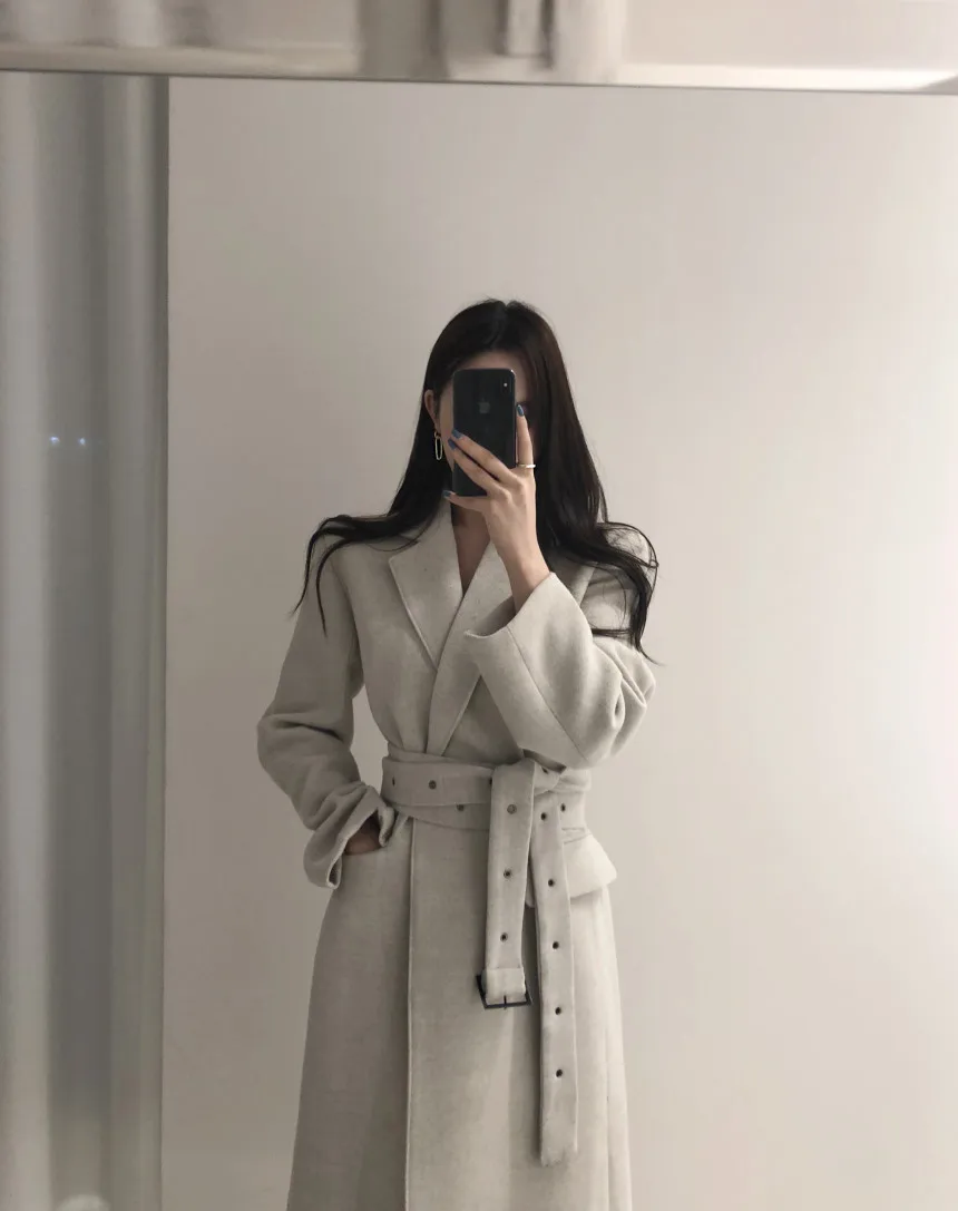 Hebaoli new fashion korean chic vintage style elegant lace up waistband slim long winter windbreaker woolen coat western women
