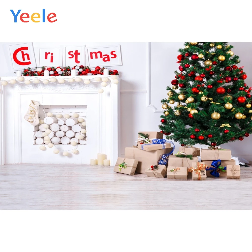 

Рождественское украшение дерево камин подарок деревянный пол фон фотографии на заказ фотографический фон для фотостудии
