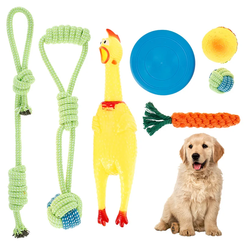

7pcs Interactive Dog Toy Set Cotton Rope Ball Chew Flying Disc Toys for Large Medium Small Dogs Teeth Cleaning Pet Products